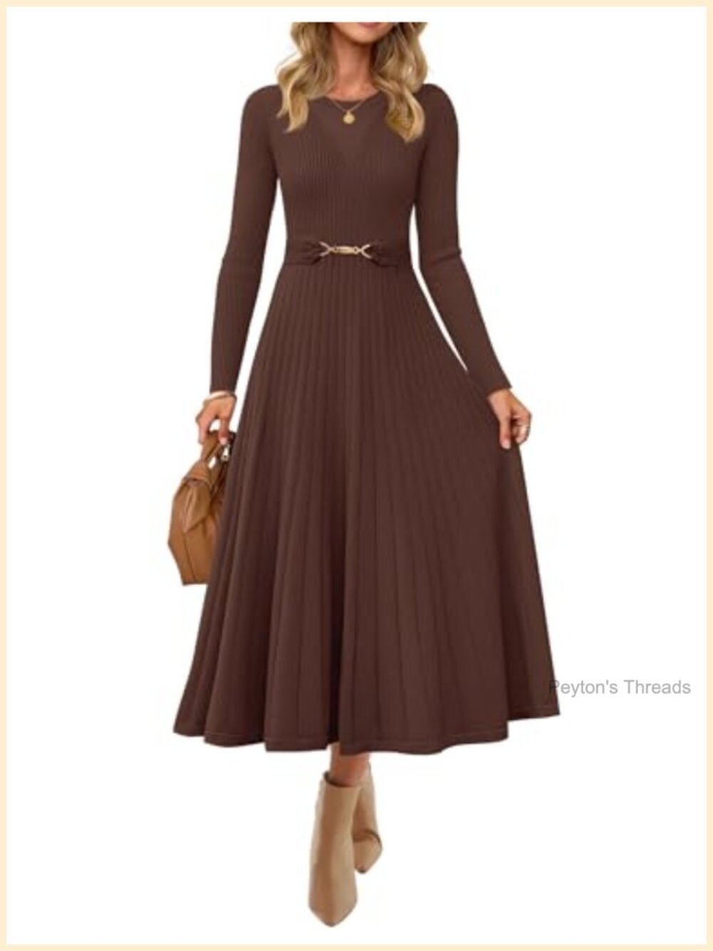 Womens Fall Long Sleeve Pleated Midi Knit Sweater Dress Crew Neck